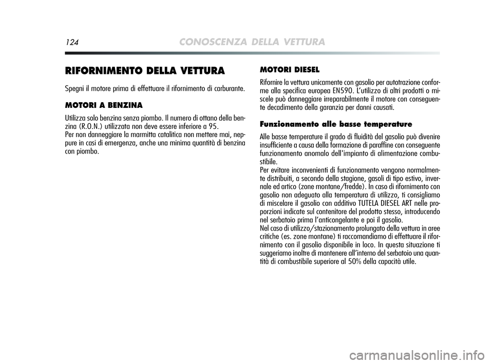 Alfa Romeo MiTo 2009 Libretto Uso Manutenzione (in Italian) 124CONOSCENZA DELLA VETTURA
RIFORNIMENTO DELLA VETTURA
Spegni il motore prima di effettuare il rifornimento di carburante.
MOTORI A BENZINA
Utilizza solo benzina senza piombo. Il numero di ottano dell Alfa Romeo MiTo 2009 Libretto Uso Manutenzione (in Italian) 124CONOSCENZA DELLA VETTURA
RIFORNIMENTO DELLA VETTURA
Spegni il motore prima di effettuare il rifornimento di carburante.
MOTORI A BENZINA
Utilizza solo benzina senza piombo. Il numero di ottano dell