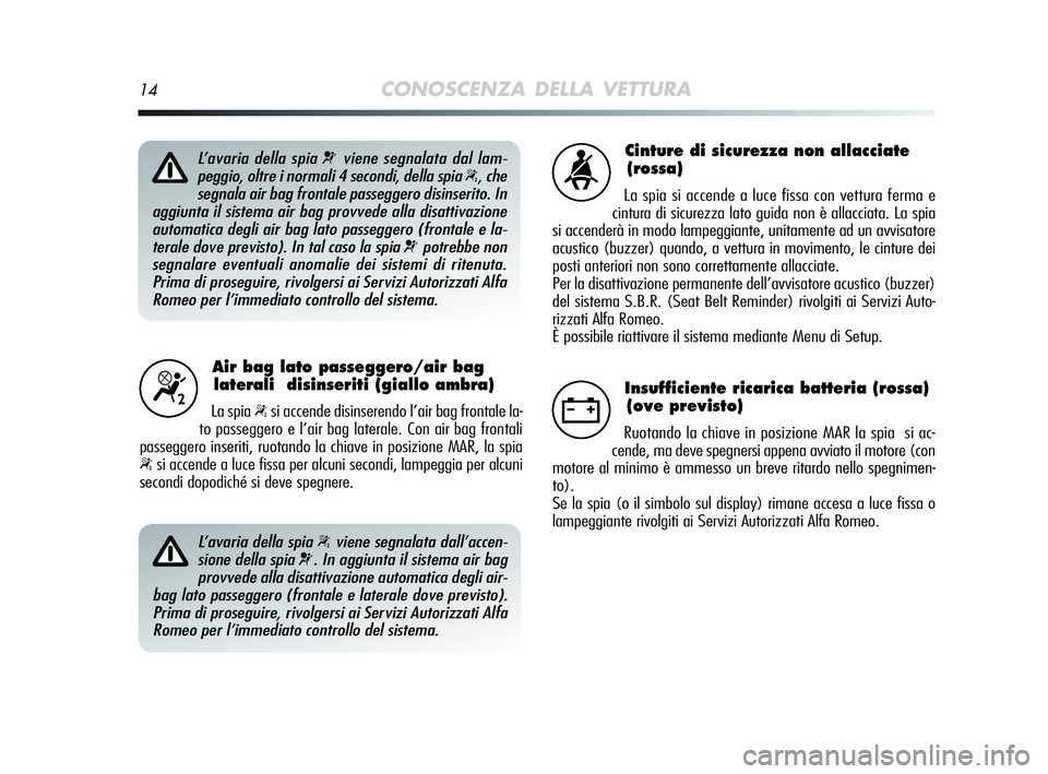 Alfa Romeo MiTo 2009 Libretto Uso Manutenzione (in Italian) 14CONOSCENZA DELLA VETTURA
Air bag lato passeggero/air bag
laterali disinseriti (giallo ambra)
La spia “si accende disinserendo l’air bag frontale la-
to passeggero e l’air bag laterale. Con ai Alfa Romeo MiTo 2009 Libretto Uso Manutenzione (in Italian) 14CONOSCENZA DELLA VETTURA
Air bag lato passeggero/air bag
laterali disinseriti (giallo ambra)
La spia “si accende disinserendo l’air bag frontale la-
to passeggero e l’air bag laterale. Con ai