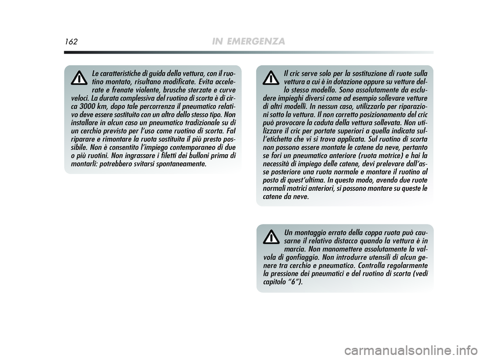 Alfa Romeo MiTo 2009 Libretto Uso Manutenzione (in Italian) 162IN EMERGENZA
Il cric serve solo per la sostituzione di ruote sulla
vettura a cui è in dotazione oppure su vetture del-
lo stesso modello. Sono assolutamente da esclu-
dere impieghi diversi come ad Alfa Romeo MiTo 2009 Libretto Uso Manutenzione (in Italian) 162IN EMERGENZA
Il cric serve solo per la sostituzione di ruote sulla
vettura a cui è in dotazione oppure su vetture del-
lo stesso modello. Sono assolutamente da esclu-
dere impieghi diversi come ad