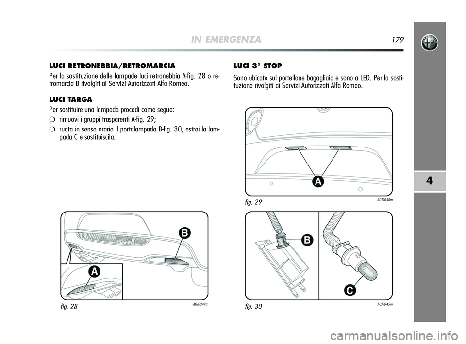 Alfa Romeo MiTo 2009 Libretto Uso Manutenzione (in Italian) IN EMERGENZA179
4
LUCI RETRONEBBIA/RETROMARCIA
Per la sostituzione delle lampade luci retronebbia A-fig. 28 o re-
tromarcia B rivolgiti ai Servizi Autorizzati Alfa Romeo.
LUCI TARGA
Per sostituire una Alfa Romeo MiTo 2009 Libretto Uso Manutenzione (in Italian) IN EMERGENZA179
4
LUCI RETRONEBBIA/RETROMARCIA
Per la sostituzione delle lampade luci retronebbia A-fig. 28 o re-
tromarcia B rivolgiti ai Servizi Autorizzati Alfa Romeo.
LUCI TARGA
Per sostituire una