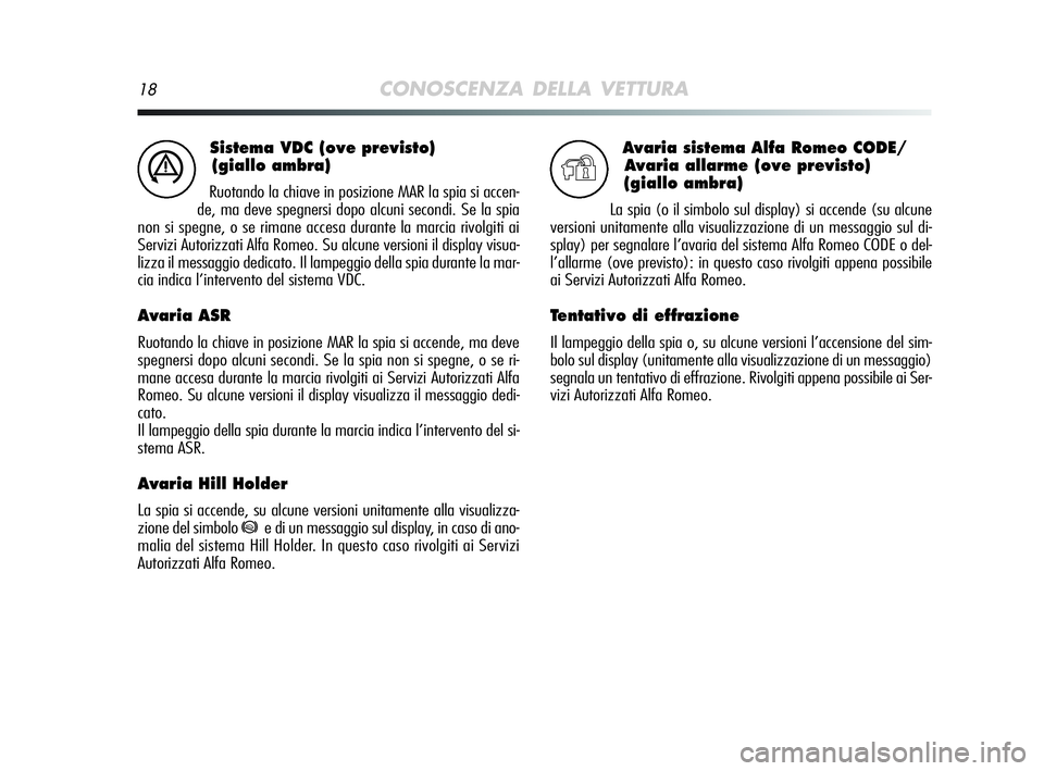 Alfa Romeo MiTo 2009 Libretto Uso Manutenzione (in Italian) 18CONOSCENZA DELLA VETTURA
Sistema VDC (ove previsto)
(giallo ambra)
Ruotando la chiave in posizione MAR la spia si accen-
de, ma deve spegnersi dopo alcuni secondi. Se la spia
non si spegne, o se rim Alfa Romeo MiTo 2009 Libretto Uso Manutenzione (in Italian) 18CONOSCENZA DELLA VETTURA
Sistema VDC (ove previsto)
(giallo ambra)
Ruotando la chiave in posizione MAR la spia si accen-
de, ma deve spegnersi dopo alcuni secondi. Se la spia
non si spegne, o se rim
