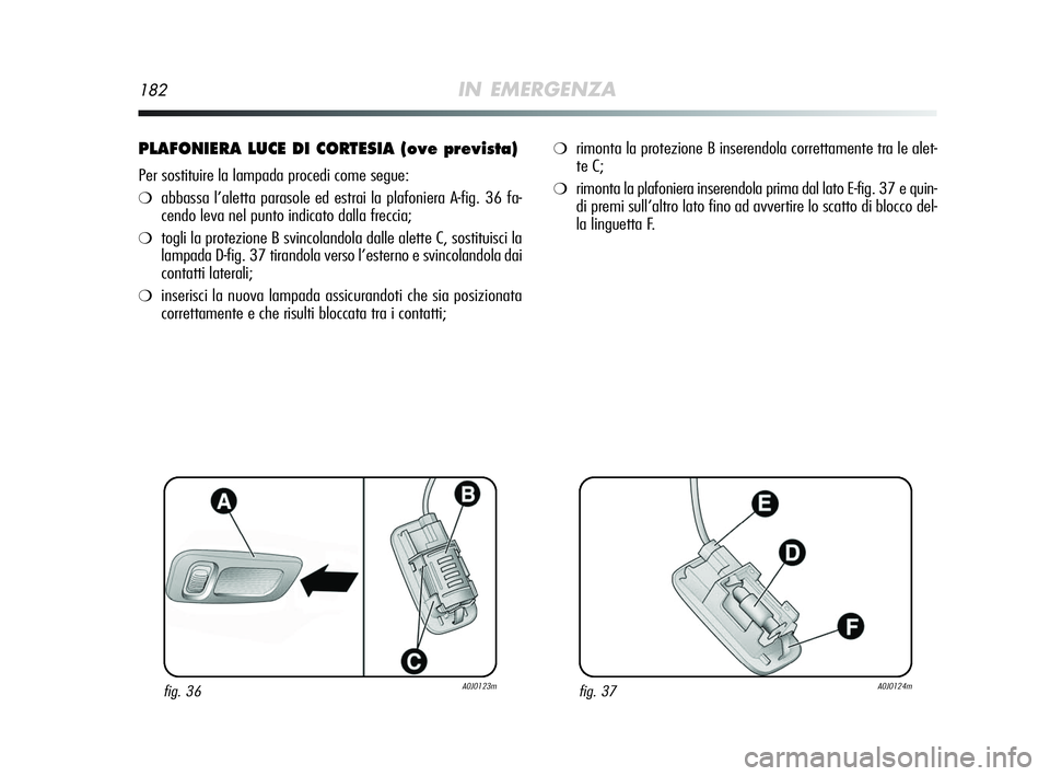 Alfa Romeo MiTo 2009  Libretto Uso Manutenzione (in Italian) 182IN EMERGENZA
PLAFONIERA LUCE DI CORTESIA (ove prevista)
Per sostituire la lampada procedi come segue:
❍abbassa l’aletta parasole ed estrai la plafoniera A-fig. 36 fa-
cendo leva nel punto indic