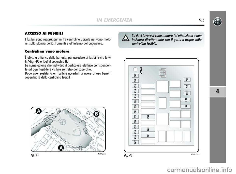 Alfa Romeo MiTo 2009  Libretto Uso Manutenzione (in Italian) IN EMERGENZA185
4
fig. 41A0J0127m
Se devi lavare il vano motore fai attenzione a non
insistere direttamente con il getto d’acqua sulla
centralina fusibili.ACCESSO AI FUSIBILI
I fusibili sono raggrup