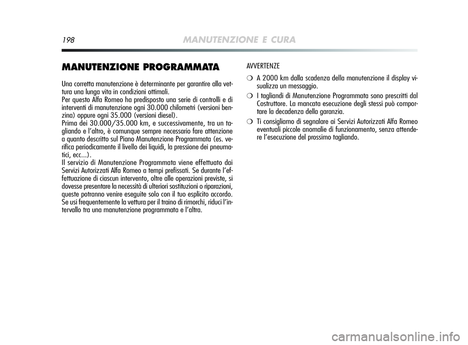 Alfa Romeo MiTo 2009 Libretto Uso Manutenzione (in Italian) 198MANUTENZIONE E CURA
MANUTENZIONE PROGRAMMATA
Una corretta manutenzione è determinante per garantire alla vet-
tura una lunga vita in condizioni ottimali.
Per questo Alfa Romeo ha predisposto una s Alfa Romeo MiTo 2009 Libretto Uso Manutenzione (in Italian) 198MANUTENZIONE E CURA
MANUTENZIONE PROGRAMMATA
Una corretta manutenzione è determinante per garantire alla vet-
tura una lunga vita in condizioni ottimali.
Per questo Alfa Romeo ha predisposto una s
