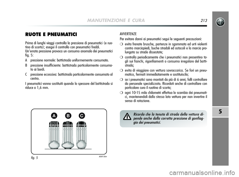 Alfa Romeo MiTo 2009 Libretto Uso Manutenzione (in Italian) MANUTENZIONE E CURA213
5
RUOTE E PNEUMATICI
Prima di lunghi viaggi controlla la pressione di pneumatici (e ruo-
tino di scorta); esegui il controllo con pneumatici freddi.
Un’errata pressione provoc Alfa Romeo MiTo 2009 Libretto Uso Manutenzione (in Italian) MANUTENZIONE E CURA213
5
RUOTE E PNEUMATICI
Prima di lunghi viaggi controlla la pressione di pneumatici (e ruo-
tino di scorta); esegui il controllo con pneumatici freddi.
Un’errata pressione provoc