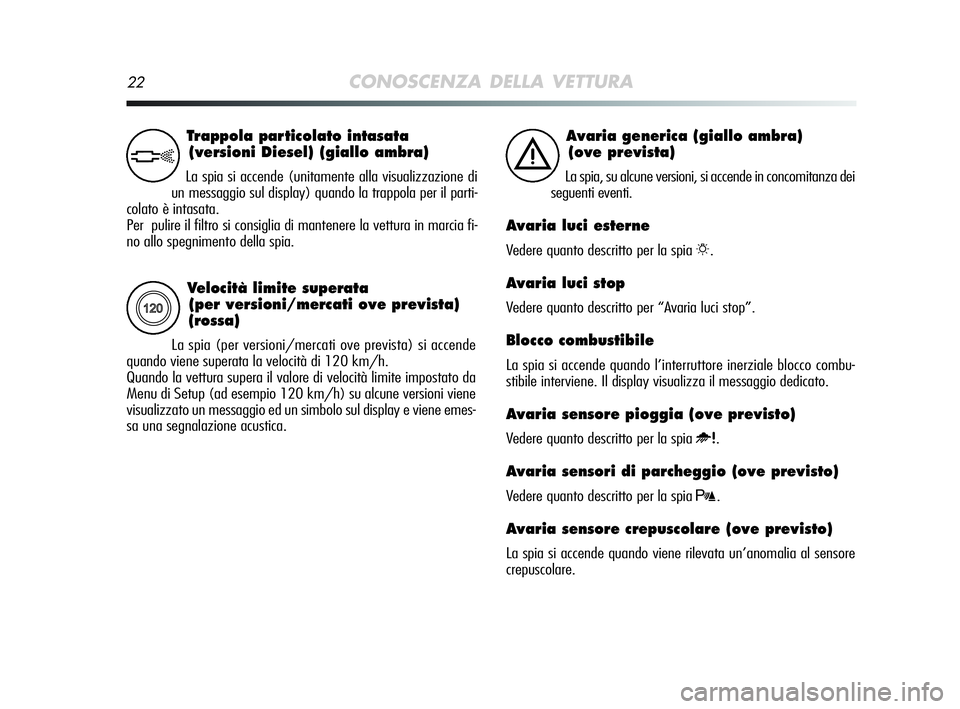 Alfa Romeo MiTo 2009 Libretto Uso Manutenzione (in Italian) 22CONOSCENZA DELLA VETTURA
Velocità limite superata
(per versioni/mercati ove prevista)
(rossa)
La spia (per versioni/mercati ove prevista) si accende
quando viene superata la velocità di 120 km/h. Alfa Romeo MiTo 2009 Libretto Uso Manutenzione (in Italian) 22CONOSCENZA DELLA VETTURA
Velocità limite superata
(per versioni/mercati ove prevista)
(rossa)
La spia (per versioni/mercati ove prevista) si accende
quando viene superata la velocità di 120 km/h.
