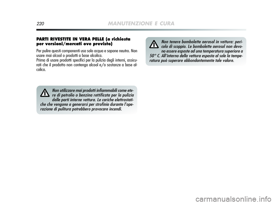 Alfa Romeo MiTo 2009  Libretto Uso Manutenzione (in Italian) 220MANUTENZIONE E CURA
Non utilizzare mai prodotti infiammabili come ete-
re di petrolio o benzina rettificata per la pulizia
delle parti interne vettura. Le cariche elettrostati-
che che vengono a ge