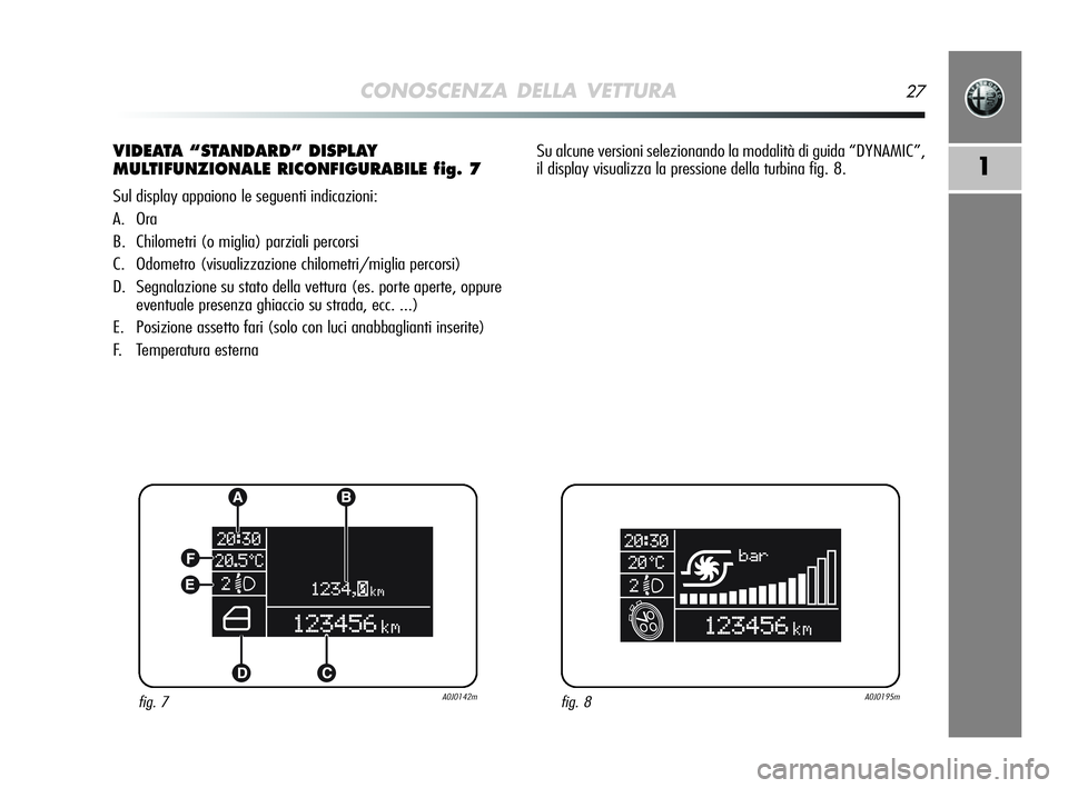 Alfa Romeo MiTo 2009 Libretto Uso Manutenzione (in Italian) CONOSCENZA DELLA VETTURA27
1
VIDEATA “STANDARD” DISPLAY
MULTIFUNZIONALE RICONFIGURABILE fig. 7
Sul display appaiono le seguenti indicazioni:
A. Ora
B. Chilometri (o miglia) parziali percorsi
C. Od Alfa Romeo MiTo 2009 Libretto Uso Manutenzione (in Italian) CONOSCENZA DELLA VETTURA27
1
VIDEATA “STANDARD” DISPLAY
MULTIFUNZIONALE RICONFIGURABILE fig. 7
Sul display appaiono le seguenti indicazioni:
A. Ora
B. Chilometri (o miglia) parziali percorsi
C. Od