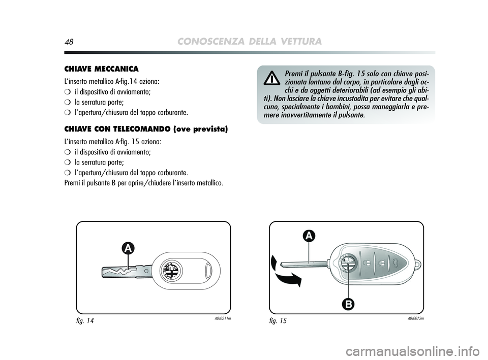 Alfa Romeo MiTo 2009 Libretto Uso Manutenzione (in Italian) 48CONOSCENZA DELLA VETTURA
CHIAVE MECCANICA
L’inserto metallico A-fig.14 aziona:
❍il dispositivo di avviamento;
❍la serratura porte;
❍l’apertura/chiusura del tappo carburante.
CHIAVE CON TE Alfa Romeo MiTo 2009 Libretto Uso Manutenzione (in Italian) 48CONOSCENZA DELLA VETTURA
CHIAVE MECCANICA
L’inserto metallico A-fig.14 aziona:
❍il dispositivo di avviamento;
❍la serratura porte;
❍l’apertura/chiusura del tappo carburante.
CHIAVE CON TE