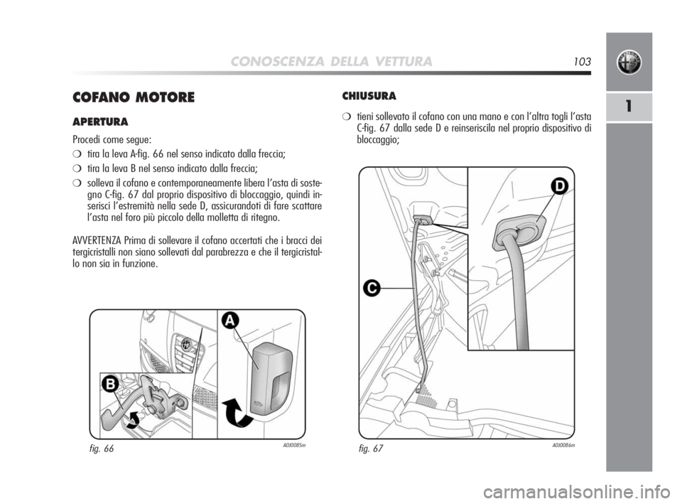 Alfa Romeo MiTo 2010 Libretto Uso Manutenzione (in Italian) CONOSCENZA DELLA VETTURA103
1COFANO MOTORE
APERTURA
Procedi come segue:
❍tira la leva A-fig. 66 nel senso indicato dalla freccia;
❍tira la leva B nel senso indicato dalla freccia;
❍solleva il co Alfa Romeo MiTo 2010 Libretto Uso Manutenzione (in Italian) CONOSCENZA DELLA VETTURA103
1COFANO MOTORE
APERTURA
Procedi come segue:
❍tira la leva A-fig. 66 nel senso indicato dalla freccia;
❍tira la leva B nel senso indicato dalla freccia;
❍solleva il co