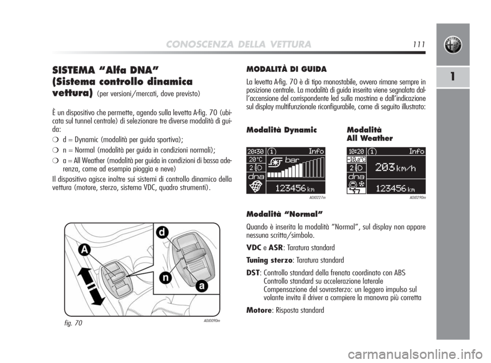 Alfa Romeo MiTo 2010 Libretto Uso Manutenzione (in Italian) CONOSCENZA DELLA VETTURA111
1SISTEMA “Alfa DNA”
(Sistema controllo dinamica
vettura)
(per versioni/mercati, dove previsto)
È un dispositivo che permette, agendo sulla levetta A-fig. 70 (ubi-
cata Alfa Romeo MiTo 2010 Libretto Uso Manutenzione (in Italian) CONOSCENZA DELLA VETTURA111
1SISTEMA “Alfa DNA”
(Sistema controllo dinamica
vettura)
(per versioni/mercati, dove previsto)
È un dispositivo che permette, agendo sulla levetta A-fig. 70 (ubi-
cata