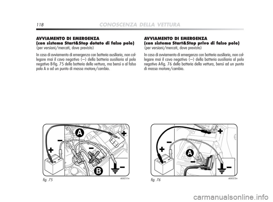 Alfa Romeo MiTo 2010 Libretto Uso Manutenzione (in Italian) 118CONOSCENZA DELLA VETTURA
AVVIAMENTO DI EMERGENZA
(con sistema Start&Stop dotato di falso polo)
(per versioni/mercati, dove previsto)
In caso di avviamento di emergenza con batteria ausiliaria, non Alfa Romeo MiTo 2010 Libretto Uso Manutenzione (in Italian) 118CONOSCENZA DELLA VETTURA
AVVIAMENTO DI EMERGENZA
(con sistema Start&Stop dotato di falso polo)
(per versioni/mercati, dove previsto)
In caso di avviamento di emergenza con batteria ausiliaria, non