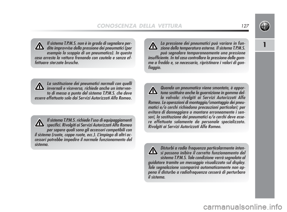 Alfa Romeo MiTo 2010 Libretto Uso Manutenzione (in Italian) CONOSCENZA DELLA VETTURA127
1Il sistema T.P.M.S. non è in grado di segnalare per-
dite improvvise della pressione dei pneumatici (per
esempio lo scoppio di un pneumatico). In questo
caso arresta la v Alfa Romeo MiTo 2010 Libretto Uso Manutenzione (in Italian) CONOSCENZA DELLA VETTURA127
1Il sistema T.P.M.S. non è in grado di segnalare per-
dite improvvise della pressione dei pneumatici (per
esempio lo scoppio di un pneumatico). In questo
caso arresta la v