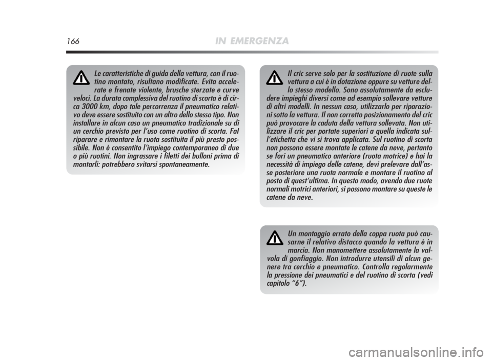 Alfa Romeo MiTo 2010 Libretto Uso Manutenzione (in Italian) 166IN EMERGENZA
Il cric serve solo per la sostituzione di ruote sulla
vettura a cui è in dotazione oppure su vetture del-
lo stesso modello. Sono assolutamente da esclu-
dere impieghi diversi come ad Alfa Romeo MiTo 2010 Libretto Uso Manutenzione (in Italian) 166IN EMERGENZA
Il cric serve solo per la sostituzione di ruote sulla
vettura a cui è in dotazione oppure su vetture del-
lo stesso modello. Sono assolutamente da esclu-
dere impieghi diversi come ad