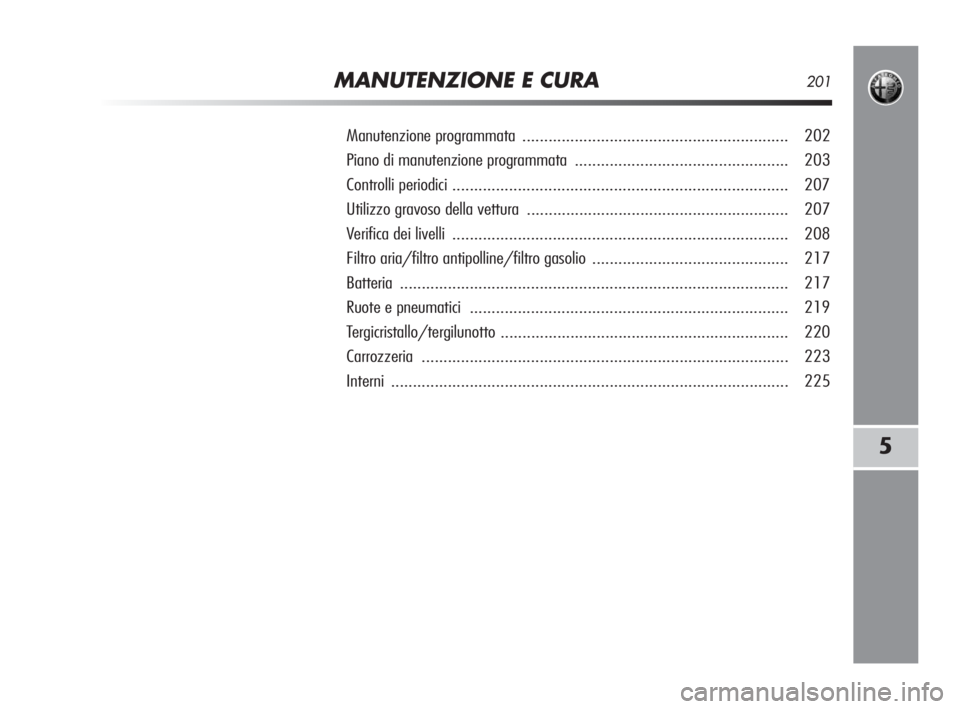 Alfa Romeo MiTo 2010  Libretto Uso Manutenzione (in Italian) MANUTENZIONE E CURA201
5
Manutenzione programmata ............................................................. 202
Piano di manutenzione programmata................................................. 2