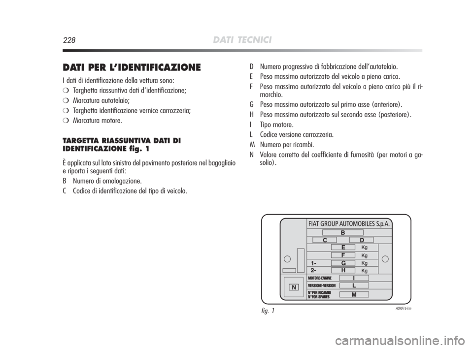 Alfa Romeo MiTo 2010  Libretto Uso Manutenzione (in Italian) 228DATI TECNICI
DATI PER L’IDENTIFICAZIONE
I dati di identificazione della vettura sono:
❍Targhetta riassuntiva dati d’identificazione;
❍Marcatura autotelaio;
❍Targhetta identificazione vern