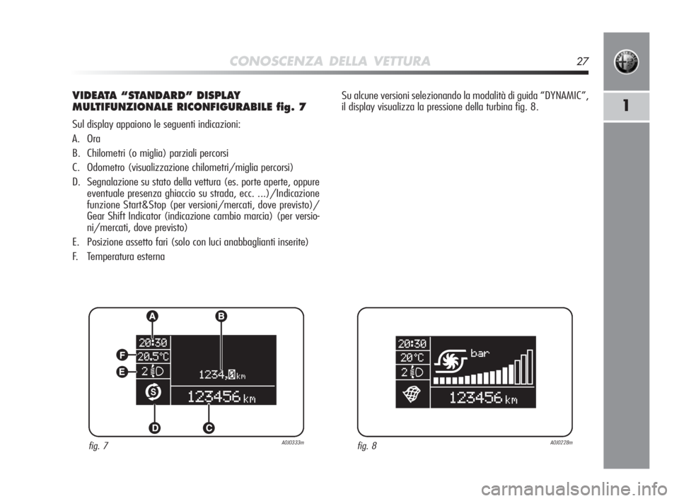 Alfa Romeo MiTo 2010 Libretto Uso Manutenzione (in Italian) CONOSCENZA DELLA VETTURA27
1
VIDEATA “STANDARD” DISPLAY
MULTIFUNZIONALE RICONFIGURABILE fig. 7
Sul display appaiono le seguenti indicazioni:
A. Ora
B. Chilometri (o miglia) parziali percorsi
C. Od Alfa Romeo MiTo 2010 Libretto Uso Manutenzione (in Italian) CONOSCENZA DELLA VETTURA27
1
VIDEATA “STANDARD” DISPLAY
MULTIFUNZIONALE RICONFIGURABILE fig. 7
Sul display appaiono le seguenti indicazioni:
A. Ora
B. Chilometri (o miglia) parziali percorsi
C. Od