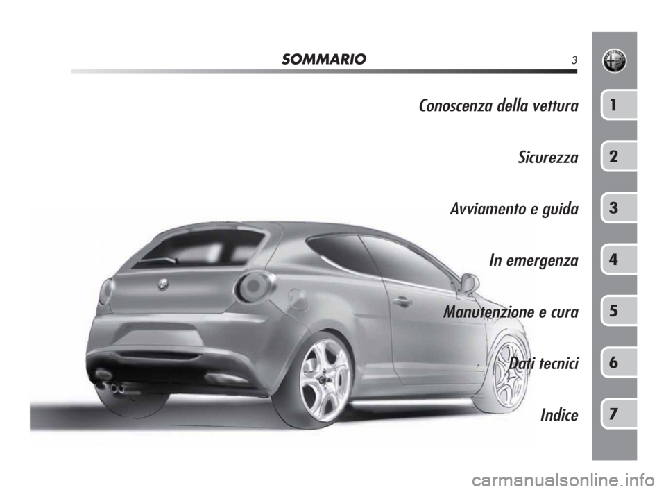 Alfa Romeo MiTo 2010  Libretto Uso Manutenzione (in Italian) SOMMARIO3
Conoscenza della vettura
Sicurezza
Avviamento e guida
In emergenza
Manutenzione e cura
Dati tecnici
Indice1
2
3
4
5
6
7
001-130 Alfa MiTo IT 2ed.qxd  23-12-2009  12:14  Pagina 3 