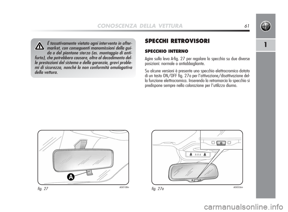 Alfa Romeo MiTo 2010  Libretto Uso Manutenzione (in Italian) CONOSCENZA DELLA VETTURA61
1SPECCHI RETROVISORI
SPECCHIO INTERNO
Agire sulla leva A-fig. 27 per regolare lo specchio su due diverse
posizioni: normale o antiabbagliante. 
Su alcune versioni è present