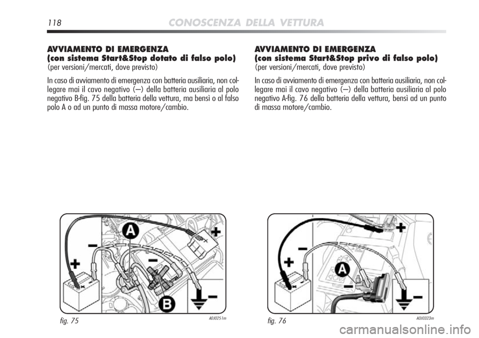 Alfa Romeo MiTo 2012 Libretto Uso Manutenzione (in Italian) 118CONOSCENZA DELLA VETTURA
AVVIAMENTO DI EMERGENZA
(con sistema Start&Stop dotato di falso polo)
(per versioni/mercati, dove previsto)
In caso di avviamento di emergenza con batteria ausiliaria, non Alfa Romeo MiTo 2012 Libretto Uso Manutenzione (in Italian) 118CONOSCENZA DELLA VETTURA
AVVIAMENTO DI EMERGENZA
(con sistema Start&Stop dotato di falso polo)
(per versioni/mercati, dove previsto)
In caso di avviamento di emergenza con batteria ausiliaria, non