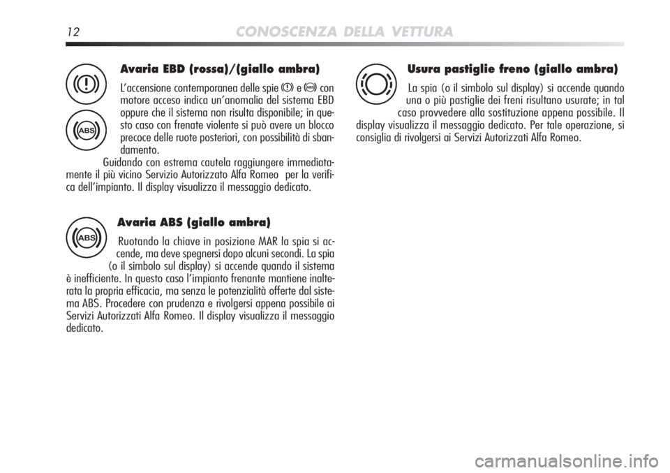 Alfa Romeo MiTo 2012 Libretto Uso Manutenzione (in Italian) 12CONOSCENZA DELLA VETTURA
Avaria EBD (rossa)/(giallo ambra)
L’accensione contemporanea delle spie xe>con
motore acceso indica un’anomalia del sistema EBD
oppure che il sistema non risulta disponi Alfa Romeo MiTo 2012 Libretto Uso Manutenzione (in Italian) 12CONOSCENZA DELLA VETTURA
Avaria EBD (rossa)/(giallo ambra)
L’accensione contemporanea delle spie xe>con
motore acceso indica un’anomalia del sistema EBD
oppure che il sistema non risulta disponi