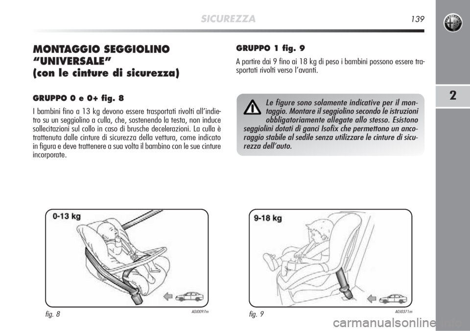 Alfa Romeo MiTo 2012 Libretto Uso Manutenzione (in Italian) SICUREZZA139
2
MONTAGGIO SEGGIOLINO
“UNIVERSALE”
(con le cinture di sicurezza)
GRUPPO 0 e 0+ fig. 8
I bambini fino a 13 kg devono essere trasportati rivolti all’indie-
tro su un seggiolino a cul Alfa Romeo MiTo 2012 Libretto Uso Manutenzione (in Italian) SICUREZZA139
2
MONTAGGIO SEGGIOLINO
“UNIVERSALE”
(con le cinture di sicurezza)
GRUPPO 0 e 0+ fig. 8
I bambini fino a 13 kg devono essere trasportati rivolti all’indie-
tro su un seggiolino a cul