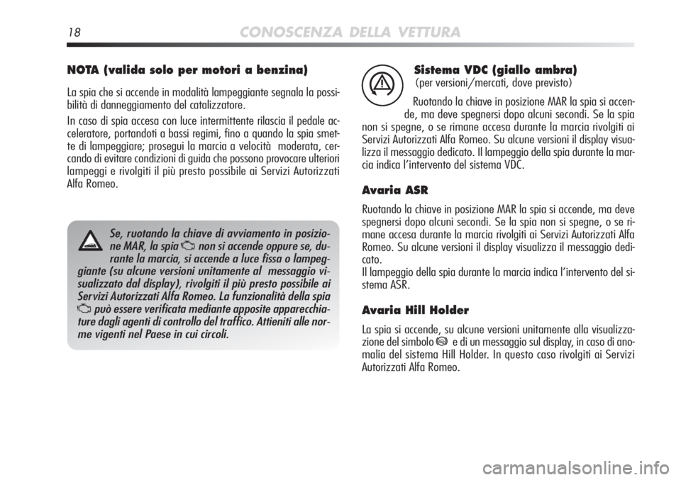 Alfa Romeo MiTo 2012  Libretto Uso Manutenzione (in Italian) 18CONOSCENZA DELLA VETTURA
Sistema VDC (giallo ambra)
(per versioni/mercati, dove previsto)
Ruotando la chiave in posizione MAR la spia si accen-
de, ma deve spegnersi dopo alcuni secondi. Se la spia
