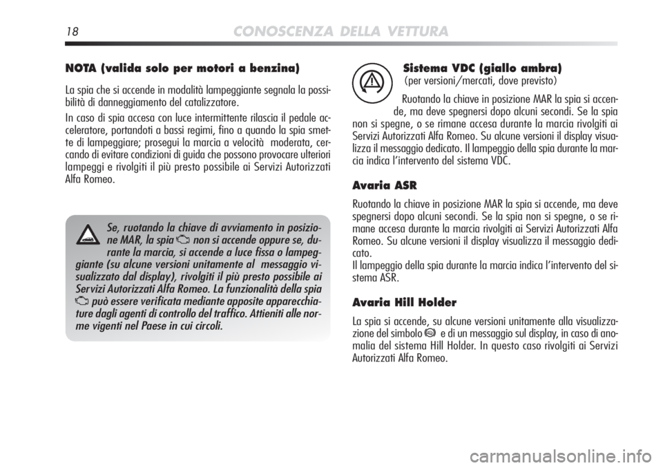 Alfa Romeo MiTo 2012 Libretto Uso Manutenzione (in Italian) 18CONOSCENZA DELLA VETTURA
Sistema VDC (giallo ambra)
(per versioni/mercati, dove previsto)
Ruotando la chiave in posizione MAR la spia si accen-
de, ma deve spegnersi dopo alcuni secondi. Se la spia
Alfa Romeo MiTo 2012 Libretto Uso Manutenzione (in Italian) 18CONOSCENZA DELLA VETTURA
Sistema VDC (giallo ambra)
(per versioni/mercati, dove previsto)
Ruotando la chiave in posizione MAR la spia si accen-
de, ma deve spegnersi dopo alcuni secondi. Se la spia