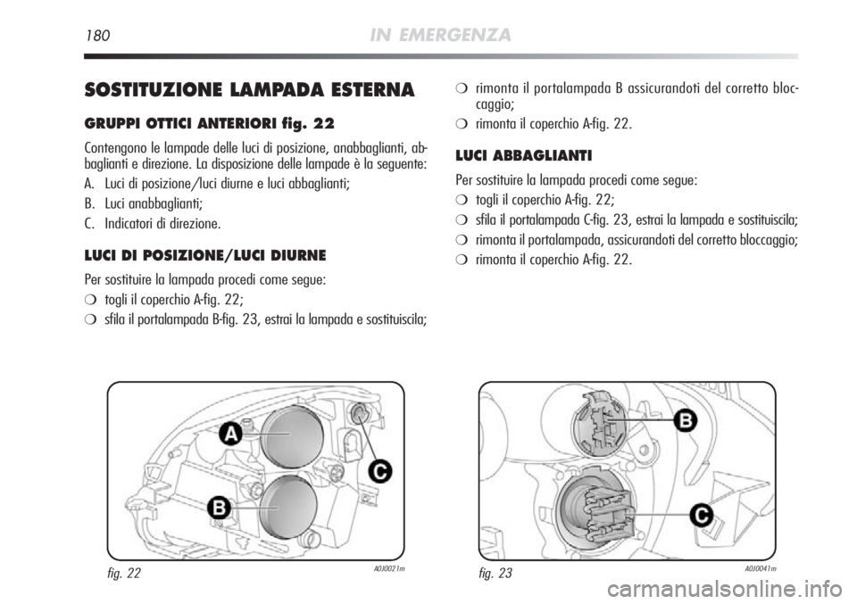 Alfa Romeo MiTo 2012  Libretto Uso Manutenzione (in Italian) 180IN EMERGENZA
SOSTITUZIONE LAMPADA ESTERNA
GRUPPI OTTICI ANTERIORI fig. 22
Contengono le lampade delle luci di posizione, anabbaglianti, ab-
baglianti e direzione. La disposizione delle lampade è l
