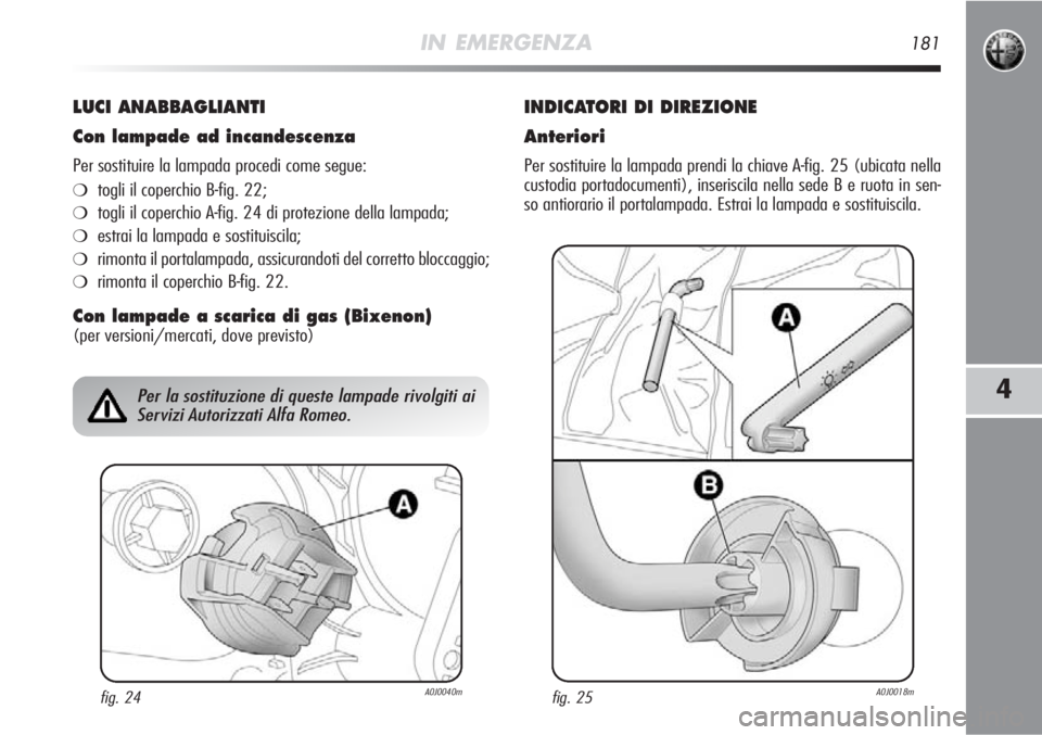 Alfa Romeo MiTo 2012  Libretto Uso Manutenzione (in Italian) IN EMERGENZA181
4
LUCI ANABBAGLIANTI
Con lampade ad incandescenza
Per sostituire la lampada procedi come segue:
❍togli il coperchio B-fig. 22;
❍togli il coperchio A-fig. 24 di protezione della lam
