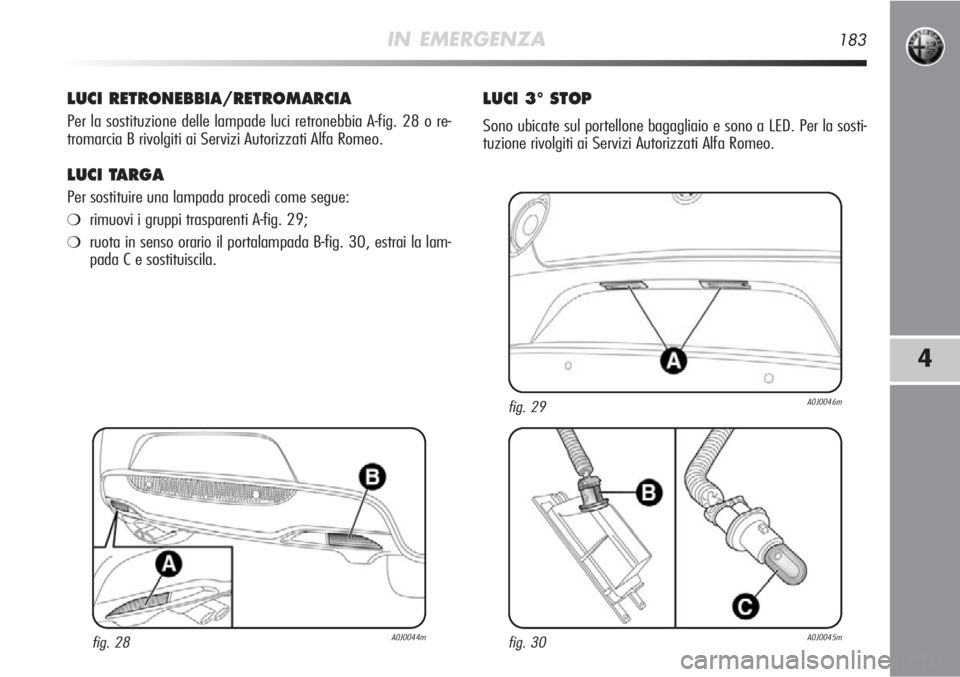 Alfa Romeo MiTo 2012  Libretto Uso Manutenzione (in Italian) IN EMERGENZA183
4
LUCI RETRONEBBIA/RETROMARCIA
Per la sostituzione delle lampade luci retronebbia A-fig. 28 o re-
tromarcia B rivolgiti ai Servizi Autorizzati Alfa Romeo.
LUCI TARGA
Per sostituire una