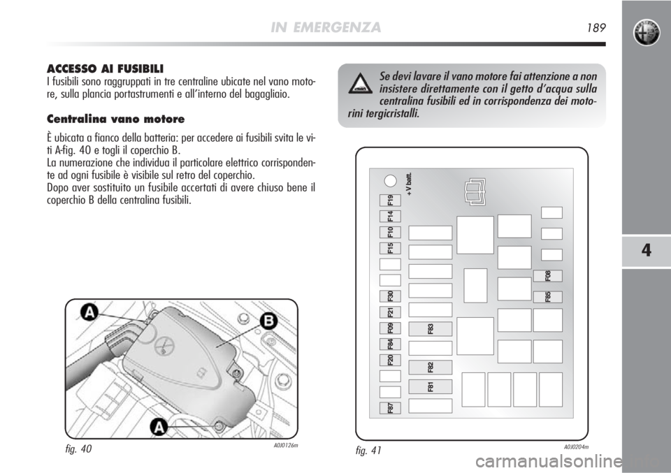 Alfa Romeo MiTo 2012  Libretto Uso Manutenzione (in Italian) IN EMERGENZA189
4
fig. 41A0J0204m
Se devi lavare il vano motore fai attenzione a non
insistere direttamente con il getto d’acqua sulla
centralina fusibili ed in corrispondenza dei moto-
rini tergicr