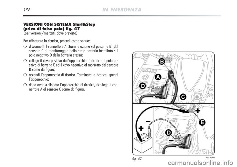 Alfa Romeo MiTo 2012  Libretto Uso Manutenzione (in Italian) 198IN EMERGENZA
VERSIONI CON SISTEMA Start&Stop
(privo di falso polo) fig. 47
(per versioni/mercati, dove previsto)
Per effettuare la ricarica, procedi come segue:
❍disconnetti il connettore A (tram