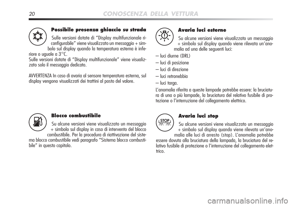 Alfa Romeo MiTo 2012  Libretto Uso Manutenzione (in Italian) 20CONOSCENZA DELLA VETTURA
Possibile presenza ghiaccio su strada
Sulle versioni dotate di “Display multifunzionale ri-
configurabile” viene visualizzato un messaggio + sim-
bolo sul display quando