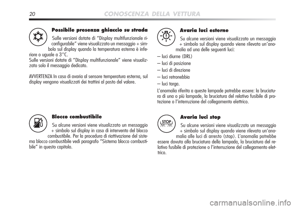 Alfa Romeo MiTo 2012 Libretto Uso Manutenzione (in Italian) 20CONOSCENZA DELLA VETTURA
Possibile presenza ghiaccio su strada
Sulle versioni dotate di “Display multifunzionale ri-
configurabile” viene visualizzato un messaggio + sim-
bolo sul display quando Alfa Romeo MiTo 2012 Libretto Uso Manutenzione (in Italian) 20CONOSCENZA DELLA VETTURA
Possibile presenza ghiaccio su strada
Sulle versioni dotate di “Display multifunzionale ri-
configurabile” viene visualizzato un messaggio + sim-
bolo sul display quando