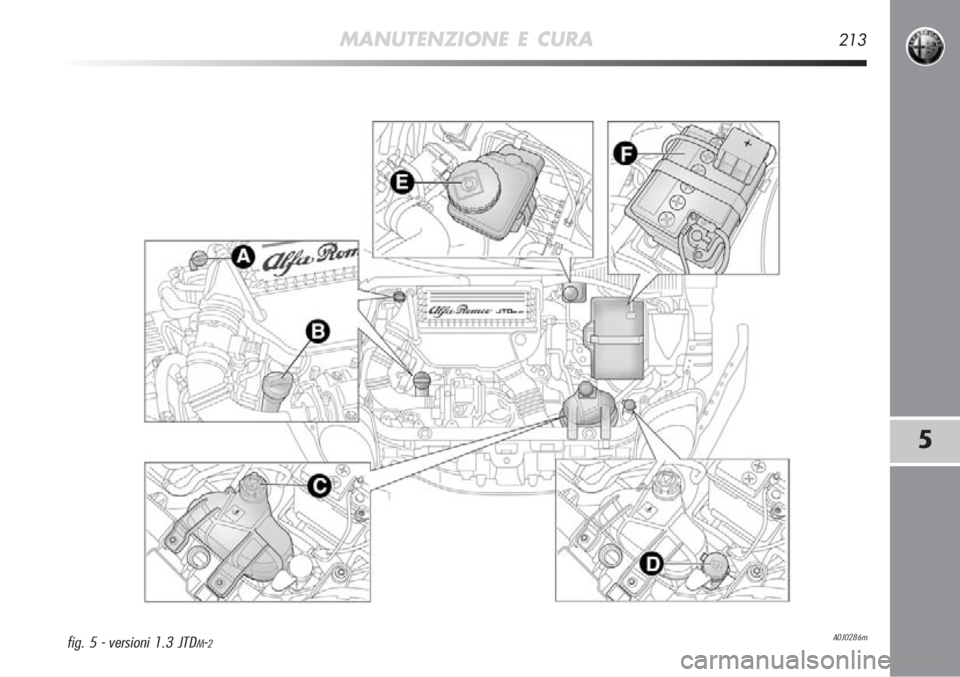Alfa Romeo MiTo 2011  Libretto Uso Manutenzione (in Italian) MANUTENZIONE E CURA213
5
A0J0286mfig. 5 - versioni 1.3 JTDM-2 