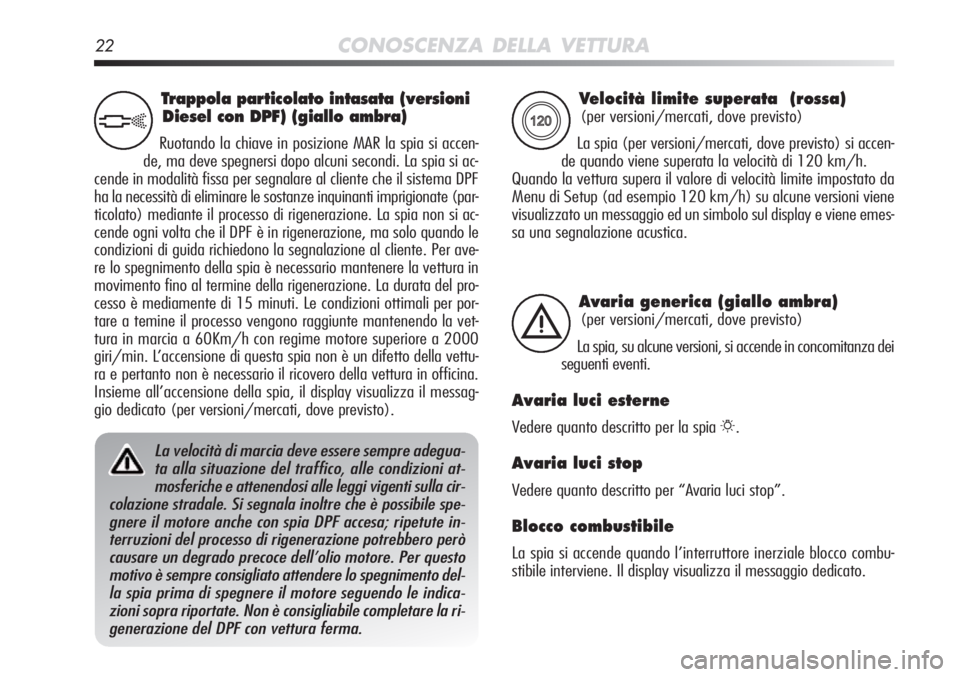 Alfa Romeo MiTo 2012 Libretto Uso Manutenzione (in Italian) 22CONOSCENZA DELLA VETTURA
Velocità limite superata (rossa)
(per versioni/mercati, dove previsto)
La spia (per versioni/mercati, dove previsto) si accen-
de quando viene superata la velocità di 12 Alfa Romeo MiTo 2012 Libretto Uso Manutenzione (in Italian) 22CONOSCENZA DELLA VETTURA
Velocità limite superata (rossa)
(per versioni/mercati, dove previsto)
La spia (per versioni/mercati, dove previsto) si accen-
de quando viene superata la velocità di 12