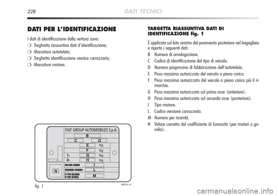 Alfa Romeo MiTo 2011  Libretto Uso Manutenzione (in Italian) 228DATI TECNICI
DATI PER L’IDENTIFICAZIONE
I dati di identificazione della vettura sono:
❍Targhetta riassuntiva dati d’identificazione;
❍Marcatura autotelaio;
❍Targhetta identificazione vern