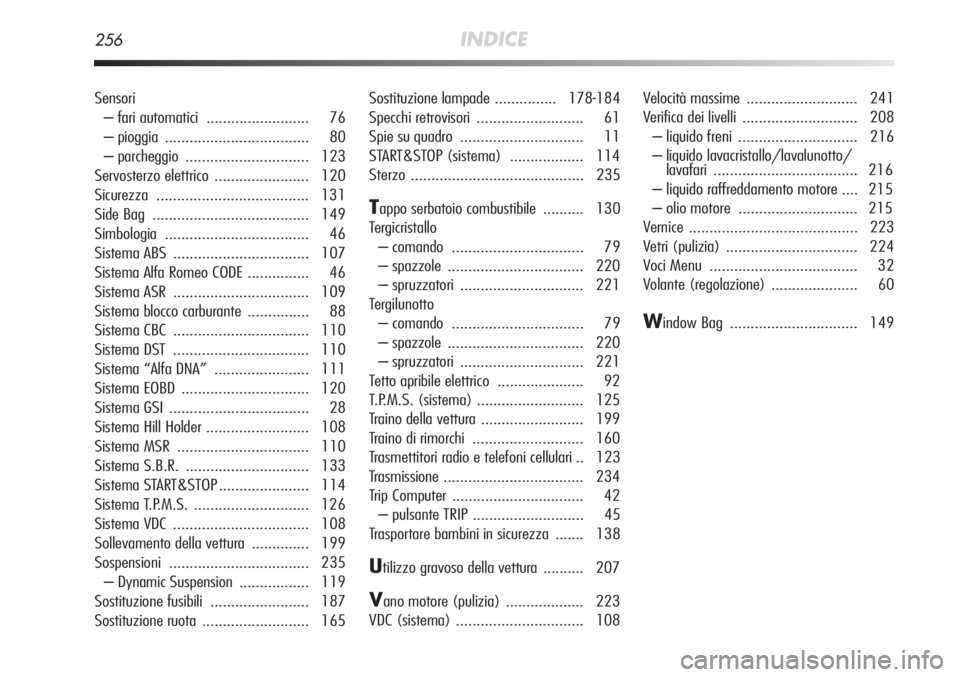 Alfa Romeo MiTo 2011  Libretto Uso Manutenzione (in Italian) 256INDICE
Sensori– fari auto matici ......................... 76
– pioggia  ................................... 80
– parcheggio  .............................. 123
Servosterzo elettrico ........