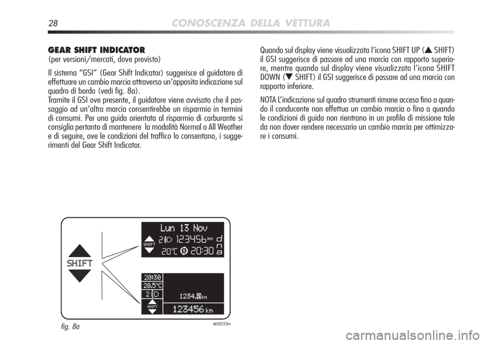 Alfa Romeo MiTo 2012 Libretto Uso Manutenzione (in Italian) 28CONOSCENZA DELLA VETTURA
GEAR SHIFT INDICATOR
(per versioni/mercati, dove previsto)
Il sistema “GSI” (Gear Shift Indicator) suggerisce al guidatore \
di
effettuare un cambio marcia attraverso u Alfa Romeo MiTo 2012 Libretto Uso Manutenzione (in Italian) 28CONOSCENZA DELLA VETTURA
GEAR SHIFT INDICATOR
(per versioni/mercati, dove previsto)
Il sistema “GSI” (Gear Shift Indicator) suggerisce al guidatore \
di
effettuare un cambio marcia attraverso u