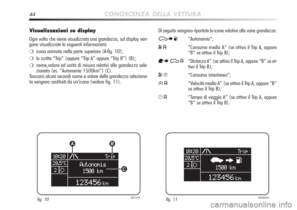 Alfa Romeo MiTo 2012 Libretto Uso Manutenzione (in Italian) 44CONOSCENZA DELLA VETTURA
Visualizzazioni su display
Ogni volta che viene visualizzata una grandezza, sul display ven-
gono visualizzate le seguenti informazioni:
❍icona animata nella parte superio Alfa Romeo MiTo 2012 Libretto Uso Manutenzione (in Italian) 44CONOSCENZA DELLA VETTURA
Visualizzazioni su display
Ogni volta che viene visualizzata una grandezza, sul display ven-
gono visualizzate le seguenti informazioni:
❍icona animata nella parte superio