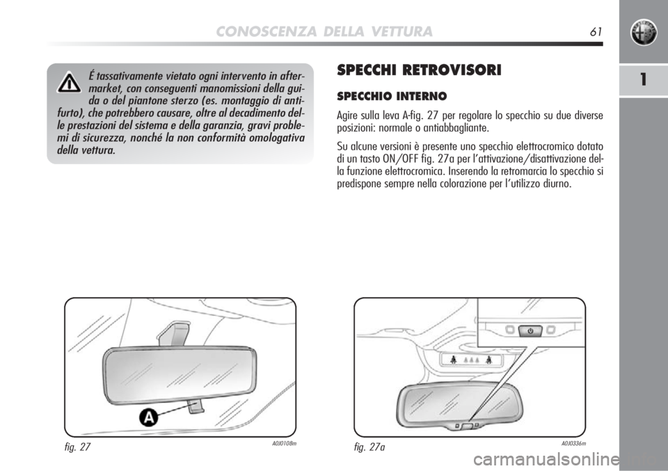 Alfa Romeo MiTo 2012  Libretto Uso Manutenzione (in Italian) CONOSCENZA DELLA VETTURA61
1SPECCHI RETROVISORI
SPECCHIO INTERNO
Agire sulla leva A-fig. 27 per regolare lo specchio su due diverse
posizioni: normale o antiabbagliante. 
Su alcune versioni è present