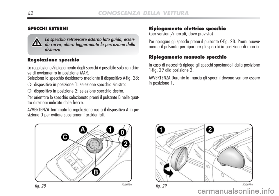 Alfa Romeo MiTo 2012  Libretto Uso Manutenzione (in Italian) 62CONOSCENZA DELLA VETTURA
Ripiegamento elettrico specchio
(per versioni/mercati, dove previsto)
Per ripiegare gli specchi premi il pulsante C-fig. 28. Premi nuova-
mente il pulsante per riportare gli