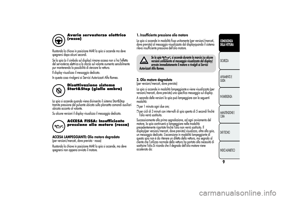 Alfa Romeo MiTo 2013  Libretto Uso Manutenzione (in Italian) Avaria servosterzo elettrico
(rossa)
Ruotando la chiave in posizione MAR la spia si accende ma deve
spegnersi dopo alcuni secondi.
Se la spia (o il simbolo sul display) rimane accesa non si ha l’eff