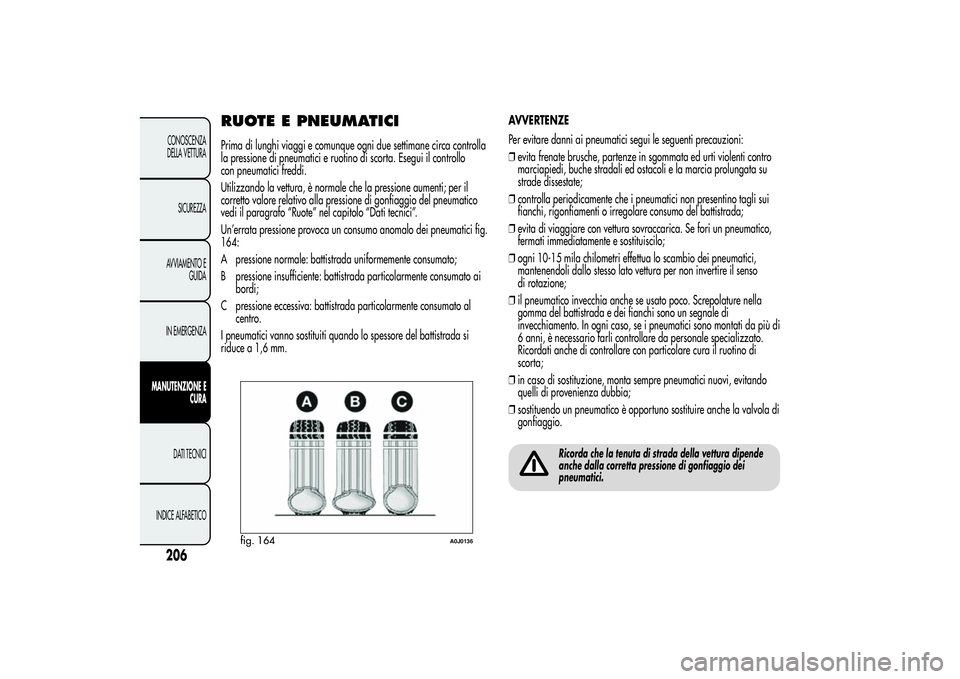 Alfa Romeo MiTo 2013 Libretto Uso Manutenzione (in Italian) RUOTE E PNEUMATICIPrima di lunghi viaggi e comunque ogni due settimane circa controlla
la pressione di pneumatici e ruotino di scorta. Esegui il controllo
con pneumatici freddi.
Utilizzando la vettura Alfa Romeo MiTo 2013 Libretto Uso Manutenzione (in Italian) RUOTE E PNEUMATICIPrima di lunghi viaggi e comunque ogni due settimane circa controlla
la pressione di pneumatici e ruotino di scorta. Esegui il controllo
con pneumatici freddi.
Utilizzando la vettura