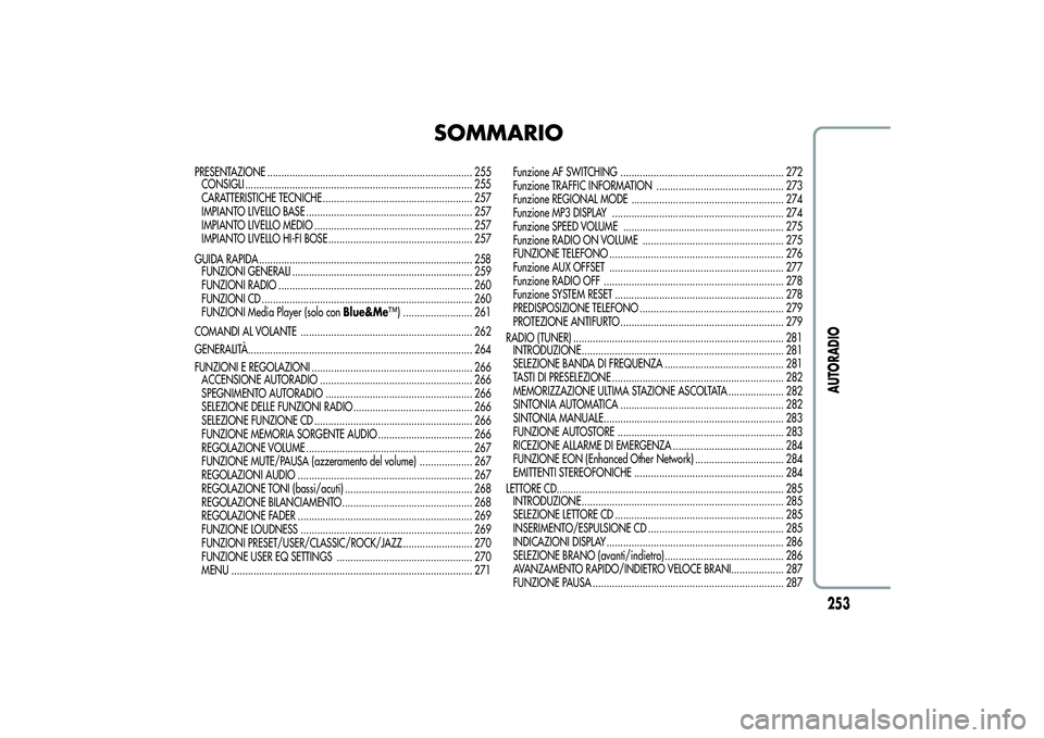 Alfa Romeo MiTo 2013 Libretto Uso Manutenzione (in Italian) SOMMARIO
PRESENTAZIONE .......................................................................... 255
CONSIGLI .................................................................................. 255
CA Alfa Romeo MiTo 2013 Libretto Uso Manutenzione (in Italian) SOMMARIO
PRESENTAZIONE .......................................................................... 255
CONSIGLI .................................................................................. 255
CA
