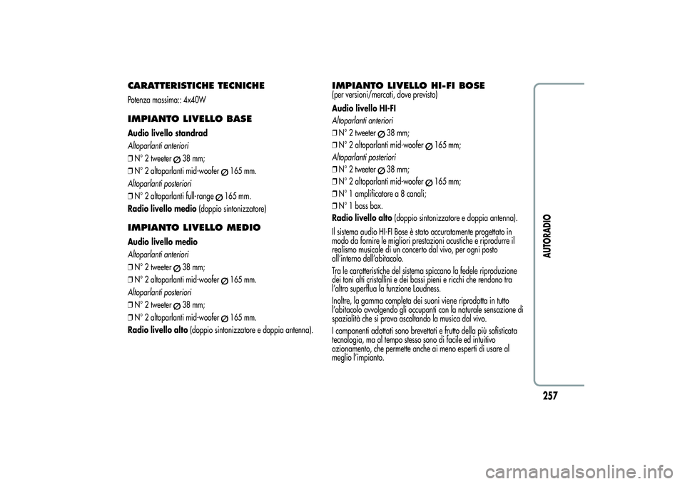 Alfa Romeo MiTo 2013 Libretto Uso Manutenzione (in Italian) CARATTERISTICHE TECNICHEPotenza massima:: 4x40WIMPIANTO LIVELLO BASEAudio livello standrad
Altoparlanti anteriori
❒N° 2 tweeter
38 mm;
❒N° 2 altoparlanti mid-woofer
165 mm.
Altoparlanti posterio Alfa Romeo MiTo 2013 Libretto Uso Manutenzione (in Italian) CARATTERISTICHE TECNICHEPotenza massima:: 4x40WIMPIANTO LIVELLO BASEAudio livello standrad
Altoparlanti anteriori
❒N° 2 tweeter
38 mm;
❒N° 2 altoparlanti mid-woofer
165 mm.
Altoparlanti posterio