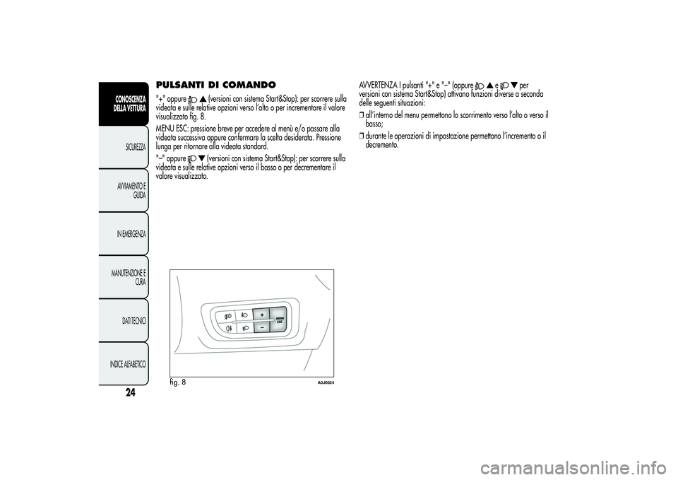 Alfa Romeo MiTo 2013 Libretto Uso Manutenzione (in Italian) PULSANTI DI COMANDO"+" oppure
(versioni con sistema Start&Stop): per scorrere sulla
videata e sulle relative opzioni verso l’alto o per incrementare il valore
visualizzato fig. 8.
MENU ESC: Alfa Romeo MiTo 2013 Libretto Uso Manutenzione (in Italian) PULSANTI DI COMANDO"+" oppure
(versioni con sistema Start&Stop): per scorrere sulla
videata e sulle relative opzioni verso l’alto o per incrementare il valore
visualizzato fig. 8.
MENU ESC:
