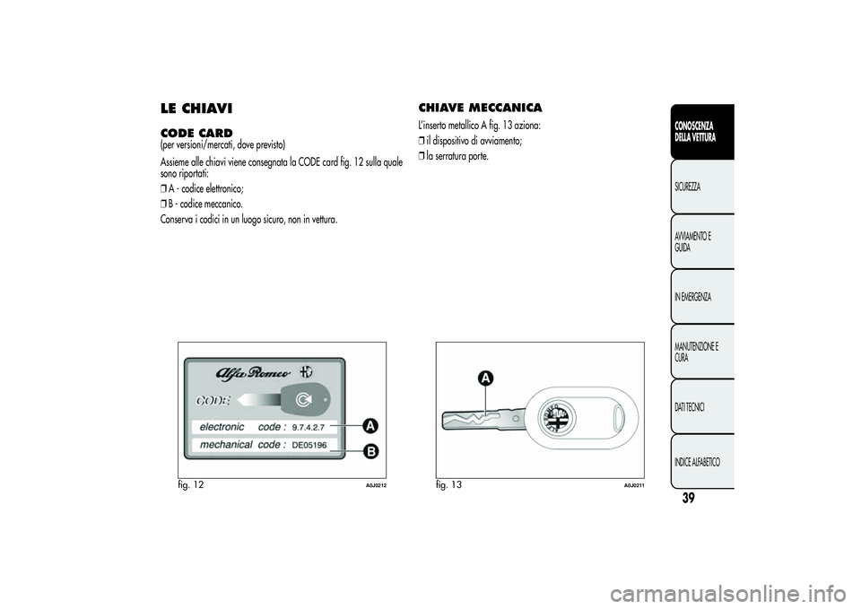 Alfa Romeo MiTo 2013  Libretto Uso Manutenzione (in Italian) LE CHIAVICODE CARD(per versioni/mercati, dove previsto)
Assieme alle chiavi viene consegnata la CODE card fig. 12 sulla quale
sono riportati:
❒A - codice elettronico;
❒B - codice meccanico.
Conser