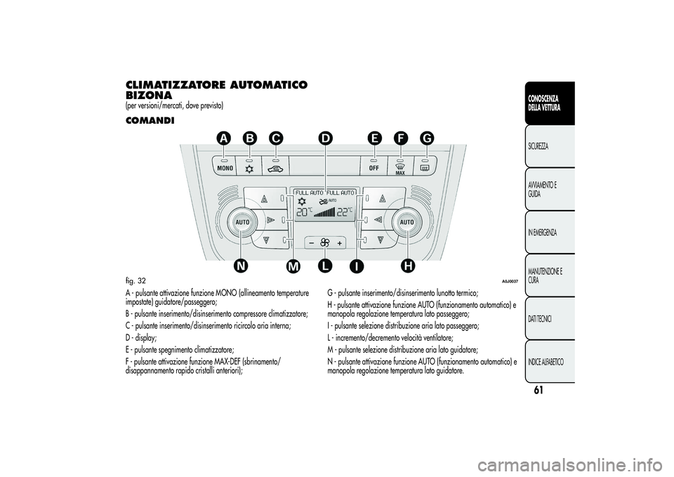 Alfa Romeo MiTo 2013 Libretto Uso Manutenzione (in Italian) CLIMATIZZATORE AUTOMATICO
BIZONA(per versioni/mercati, dove previsto)COMANDIA - pulsante attivazione funzione MONO (allineamento temperature
impostate) guidatore/passeggero;
B - pulsante inserimento/d Alfa Romeo MiTo 2013 Libretto Uso Manutenzione (in Italian) CLIMATIZZATORE AUTOMATICO
BIZONA(per versioni/mercati, dove previsto)COMANDIA - pulsante attivazione funzione MONO (allineamento temperature
impostate) guidatore/passeggero;
B - pulsante inserimento/d